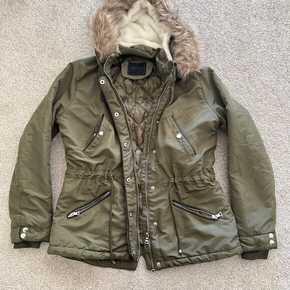 Y2K Miss London Black Label Olive Green Utility Jacket with Fur Trim Hood M - Picture 8 of 12